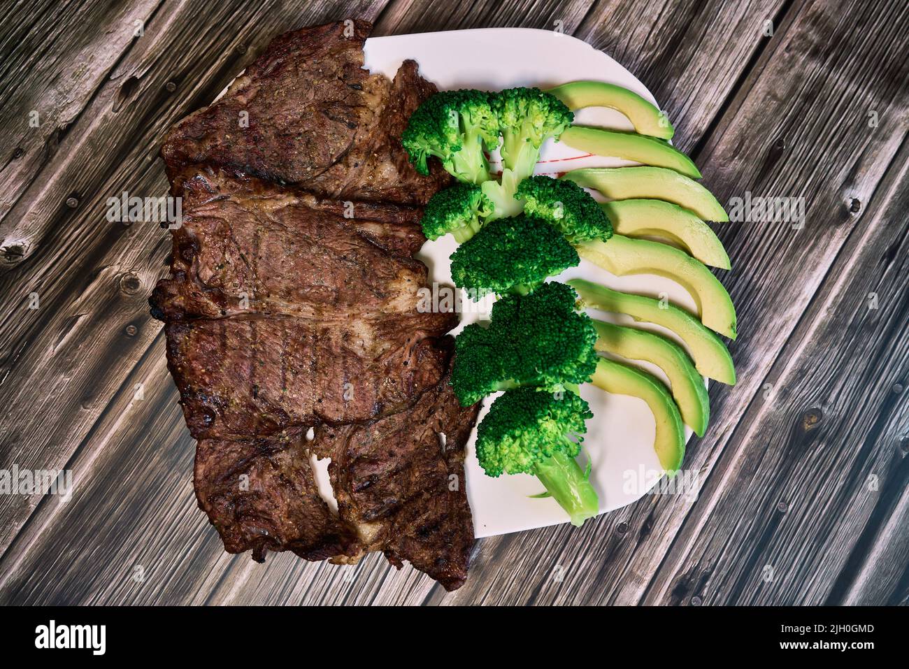 Keto diet based on beef steak, broccoli and avocado Stock Photo Alamy