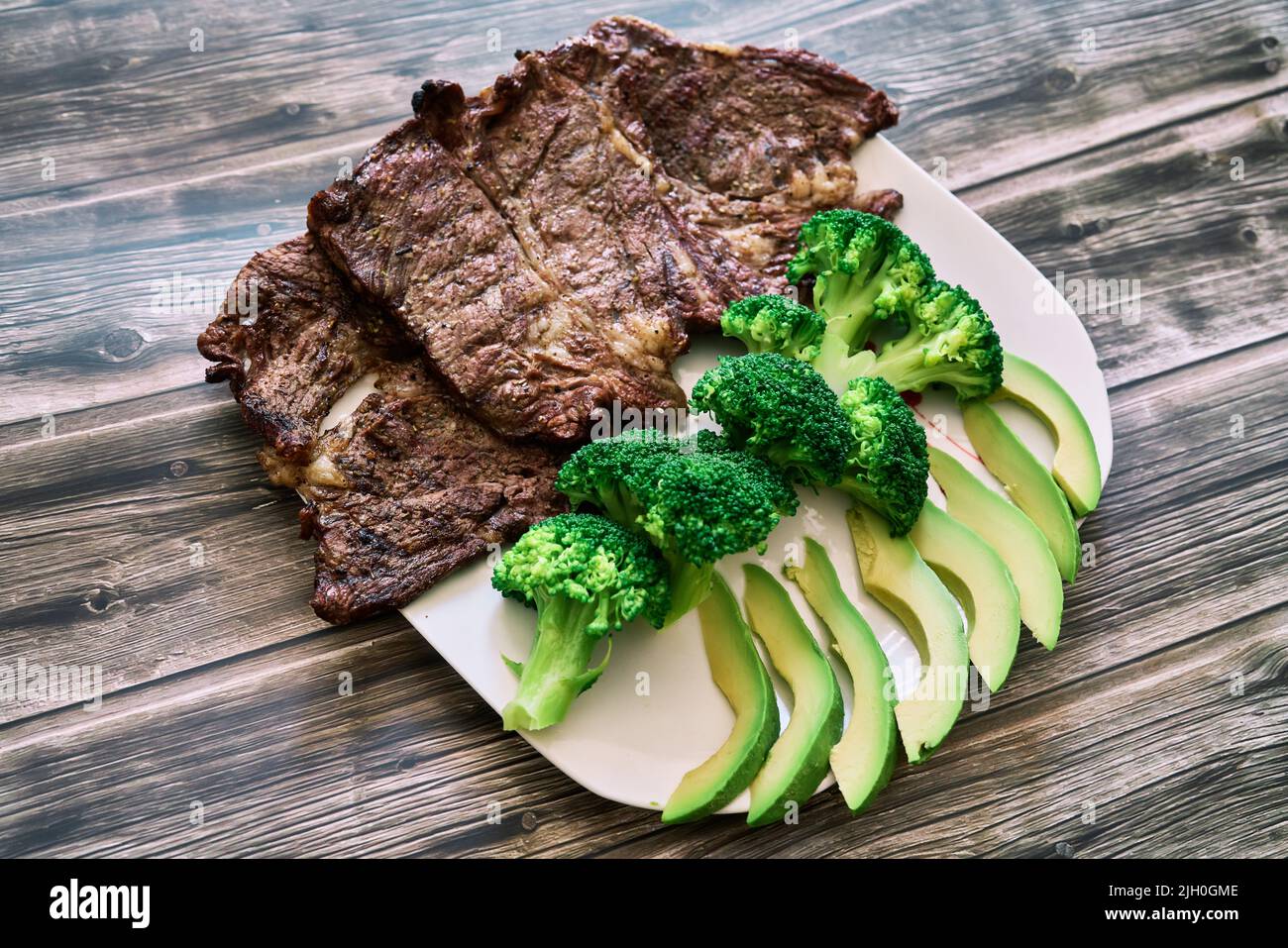 Keto diet based on beef steak, broccoli and avocado Stock Photo Alamy