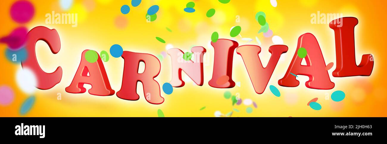 Carnival word with red letters in 3d-illustration near bright round blurred confetti falling against yellow background during festive event celebratio Stock Photo