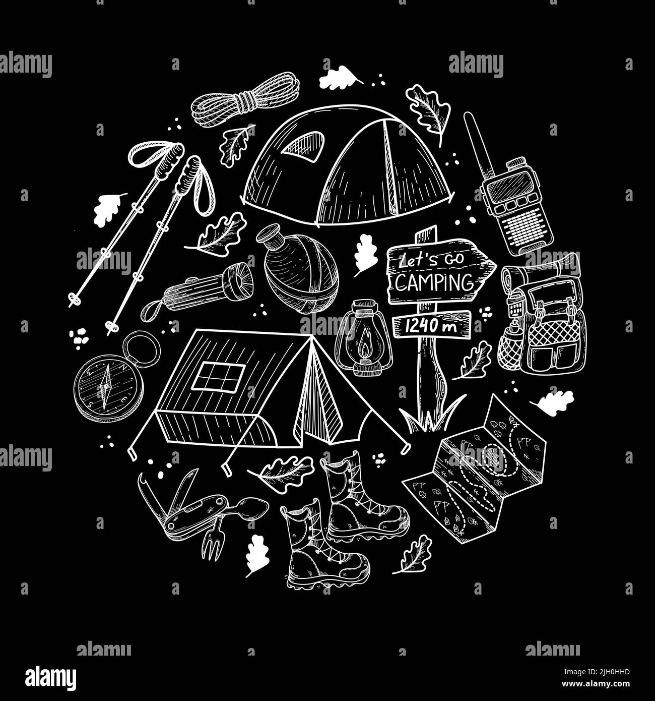A camping kit with hand-drawn doodle-style elements. The items are arranged in a circle: tents, terrain map, backpack, etc. Items for tourism and recr Stock Vector