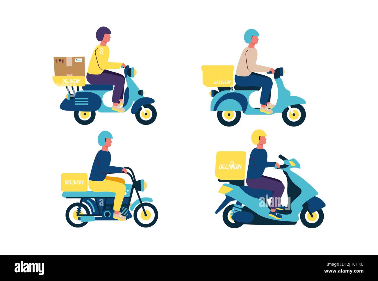 Cargo deliverymen and boxes on different motorcycles boxes labeled Stock Vector