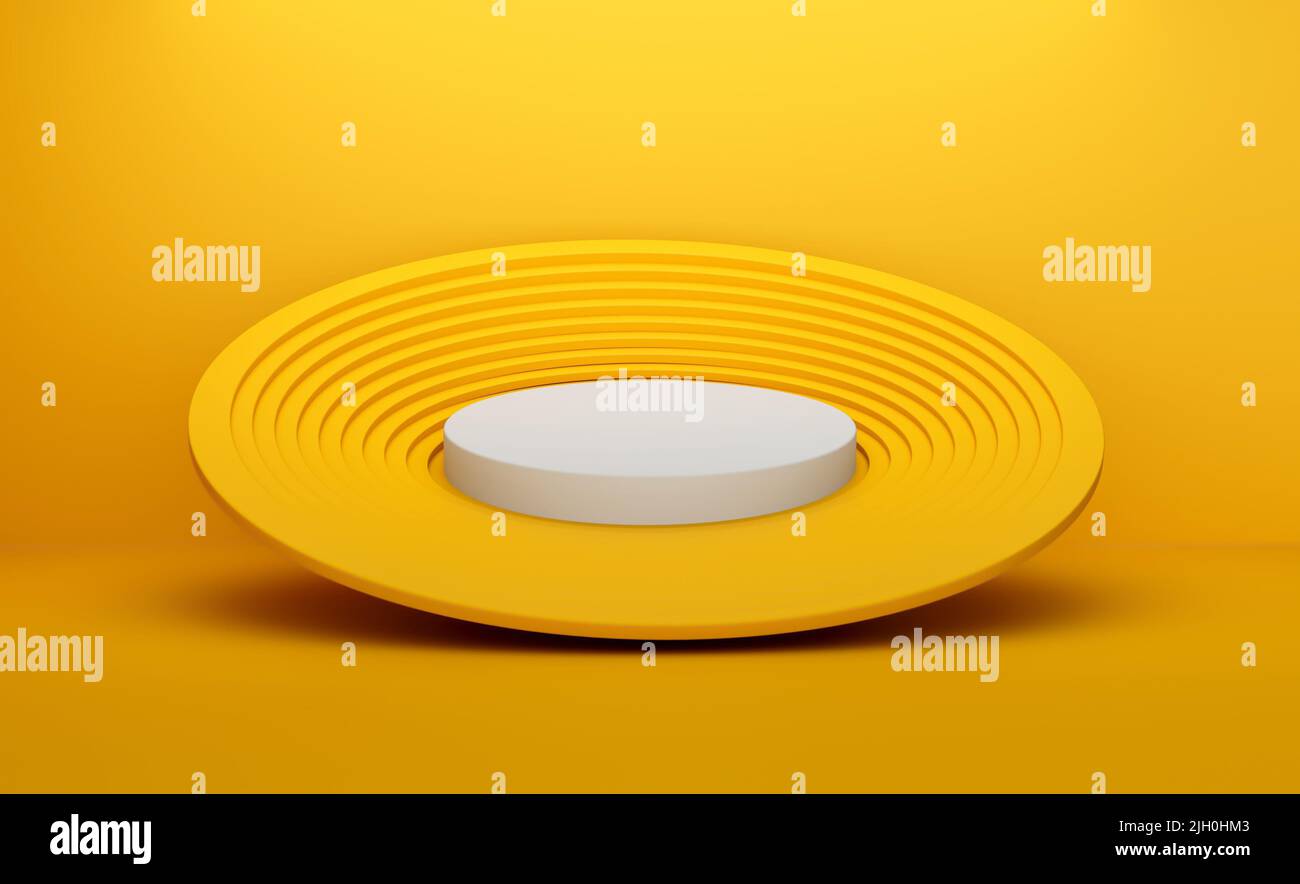 Abstract 3D yellow room with set of white and yellow cylinder pedestal ...