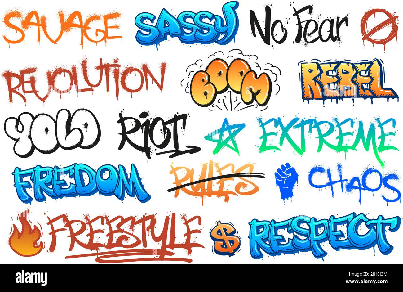 Rebellious graffiti lettering. Riot street art scribbles, freedom and revolution tags. Urban freestyle wall taging vector set Stock Vector