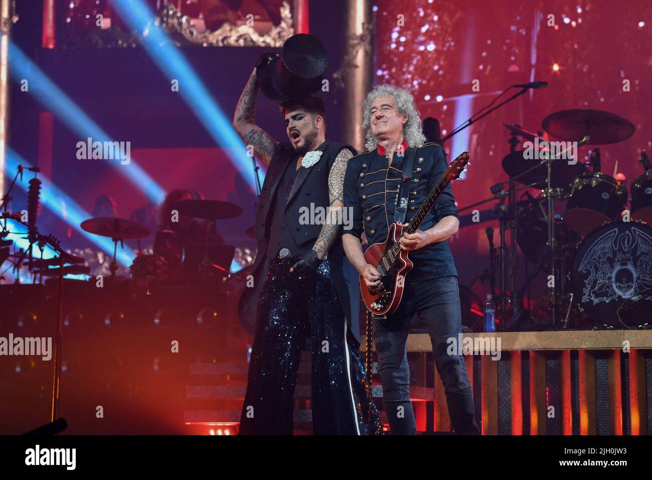Paris, France, July 13, 2022, Guitarist Brian May and singer Adam Lambert stand on stage at the Paris, France, July 13, 2022, Guitarist Brian May and singer Adam Lambert stand on stage at the