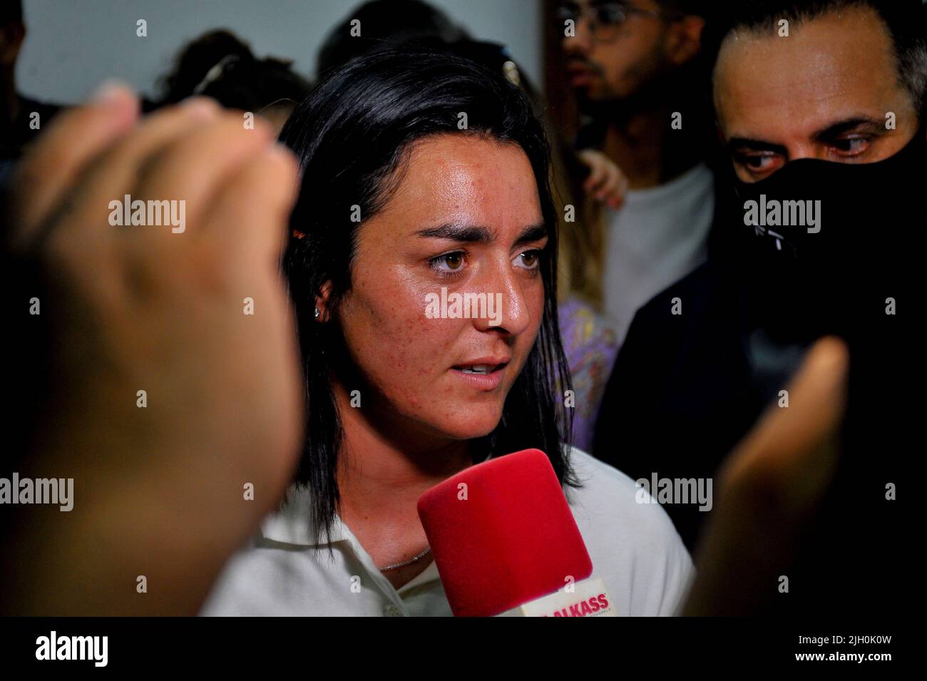 Tunisian tennis player Ons Jabeur talking to journalists after her return to the capital Tunis from Wimbeldon, on July 13, 2022. Hailing her as the &quot;nation's pride&quot; and &quot;ambassador of happiness&quot;, Tunisians remained enthralled with tennis star Ons Jabeur, celebrating her presence in the prestigious Wimbledon final despite her loss. (Photo by Yassine Mahjoub/Sipa USA) Stock Photo