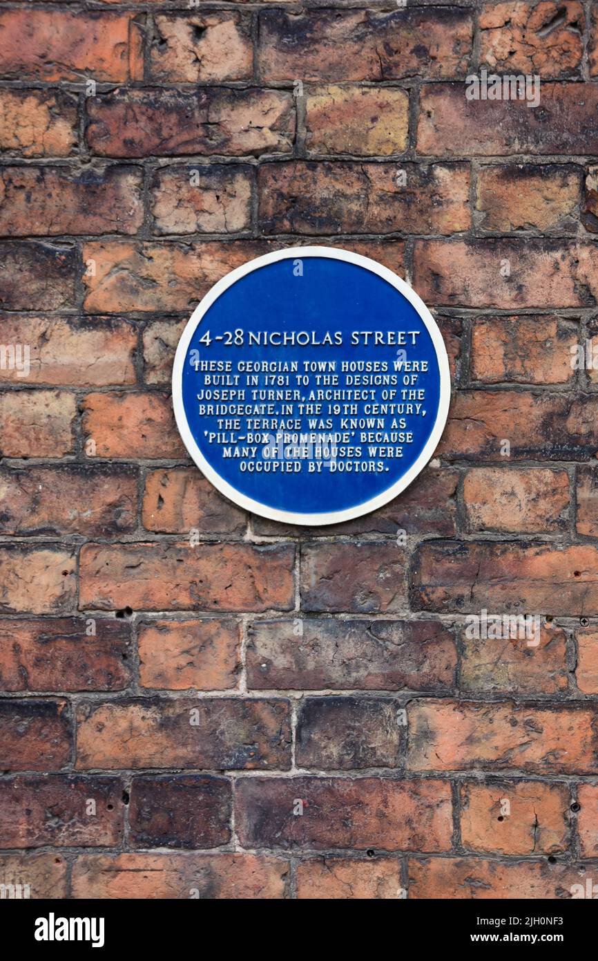 Chester, UK: Jul 3, 2022: A blue plaque  attatched to a row of Georgian town houses which were locally known as Pill Box Promenade as many of the hous Stock Photo