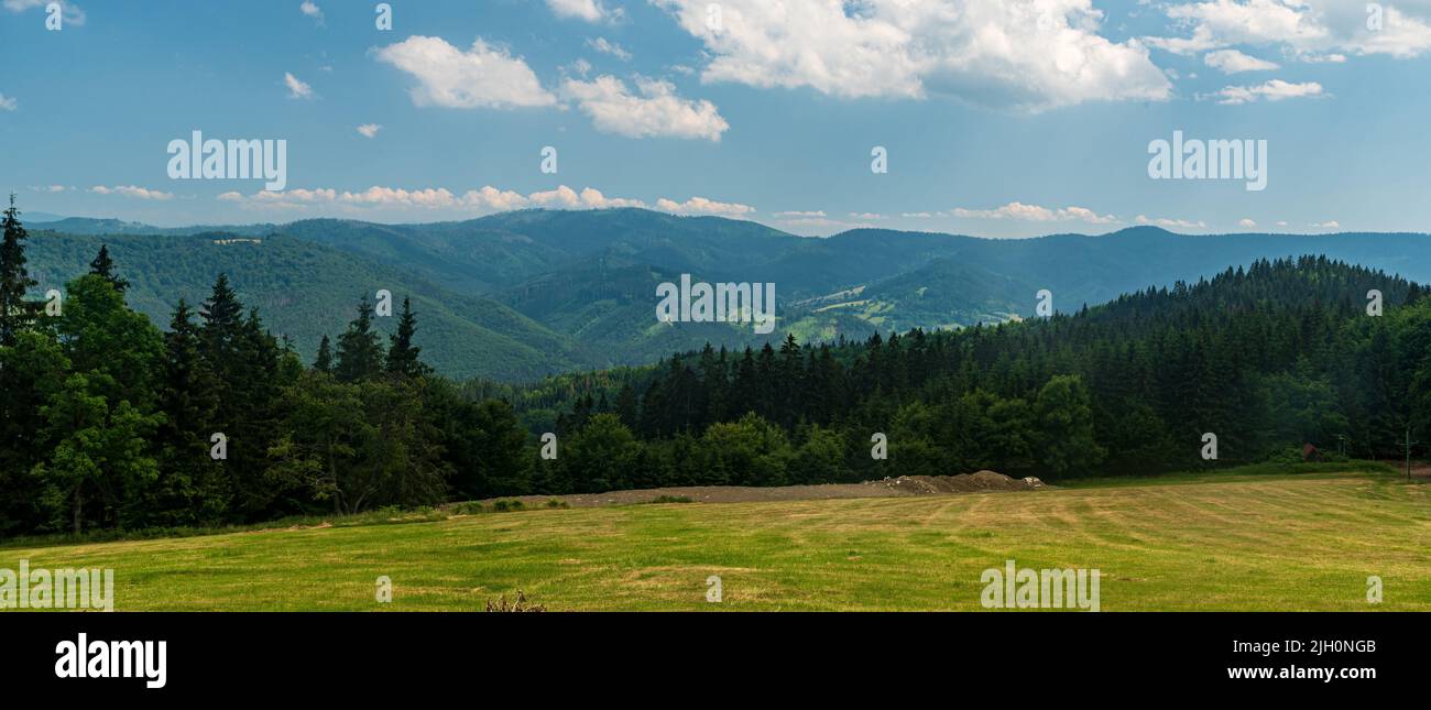 View from Slavic hut in Moravskoslezske Beskydy mountains in Czech republic during beautiful summer day Stock Photo