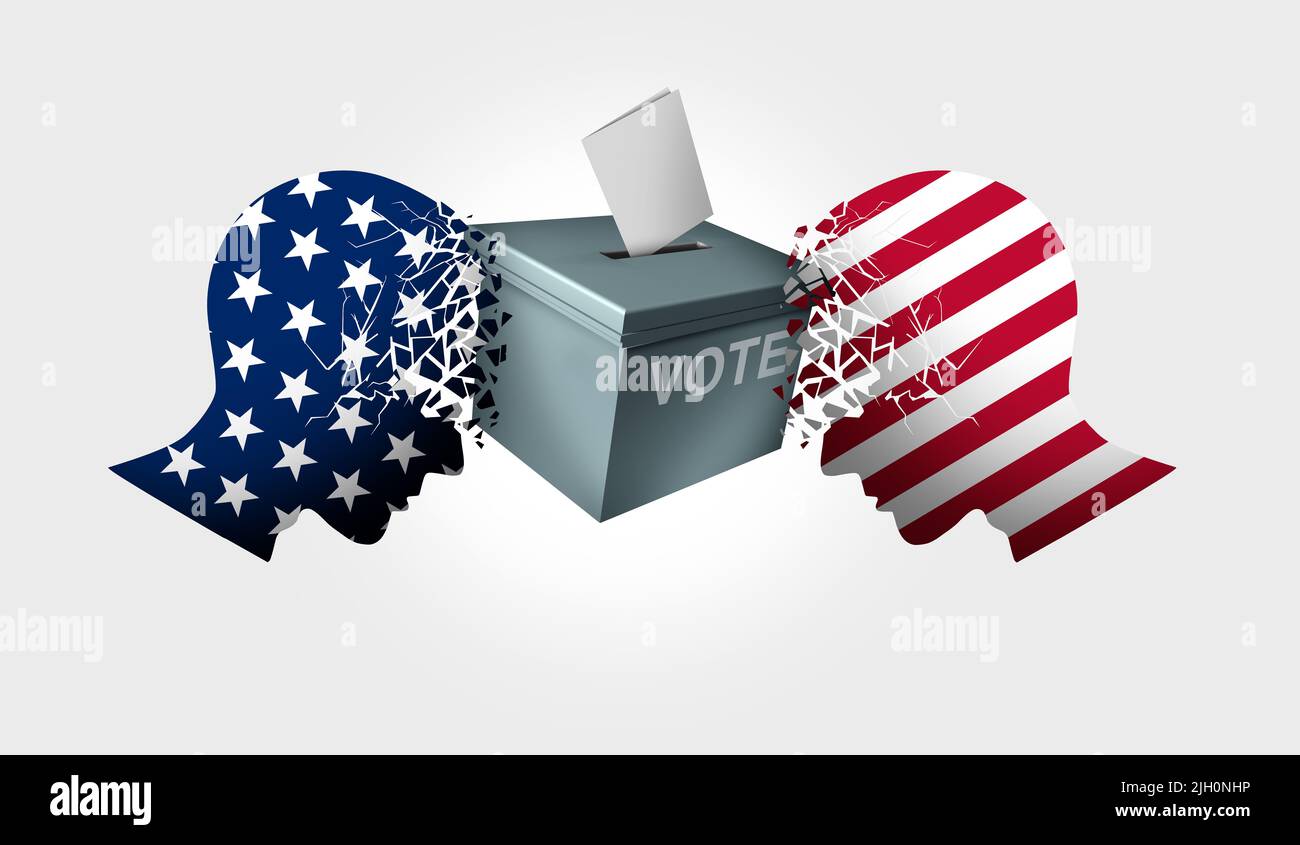 United States election fight and debate and US vote argument or political war as an American culture conflict with two opposing sides as conservative Stock Photo