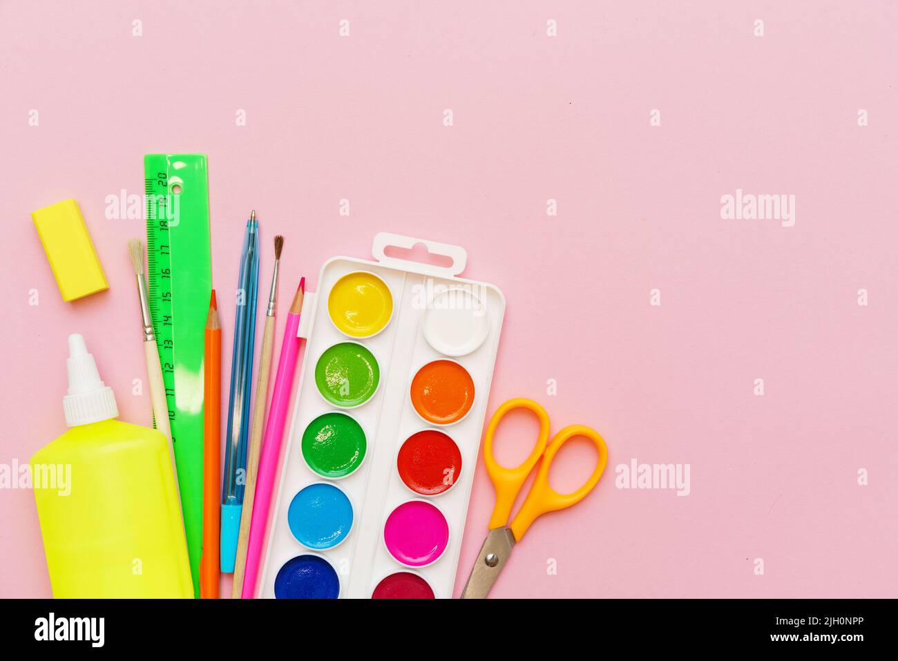 School supplies and stationery, learning items colored pencils, paints and  brushes, glue, ruler and scissors with compass, marker and palette with pap  Stock Vector Image & Art - Alamy