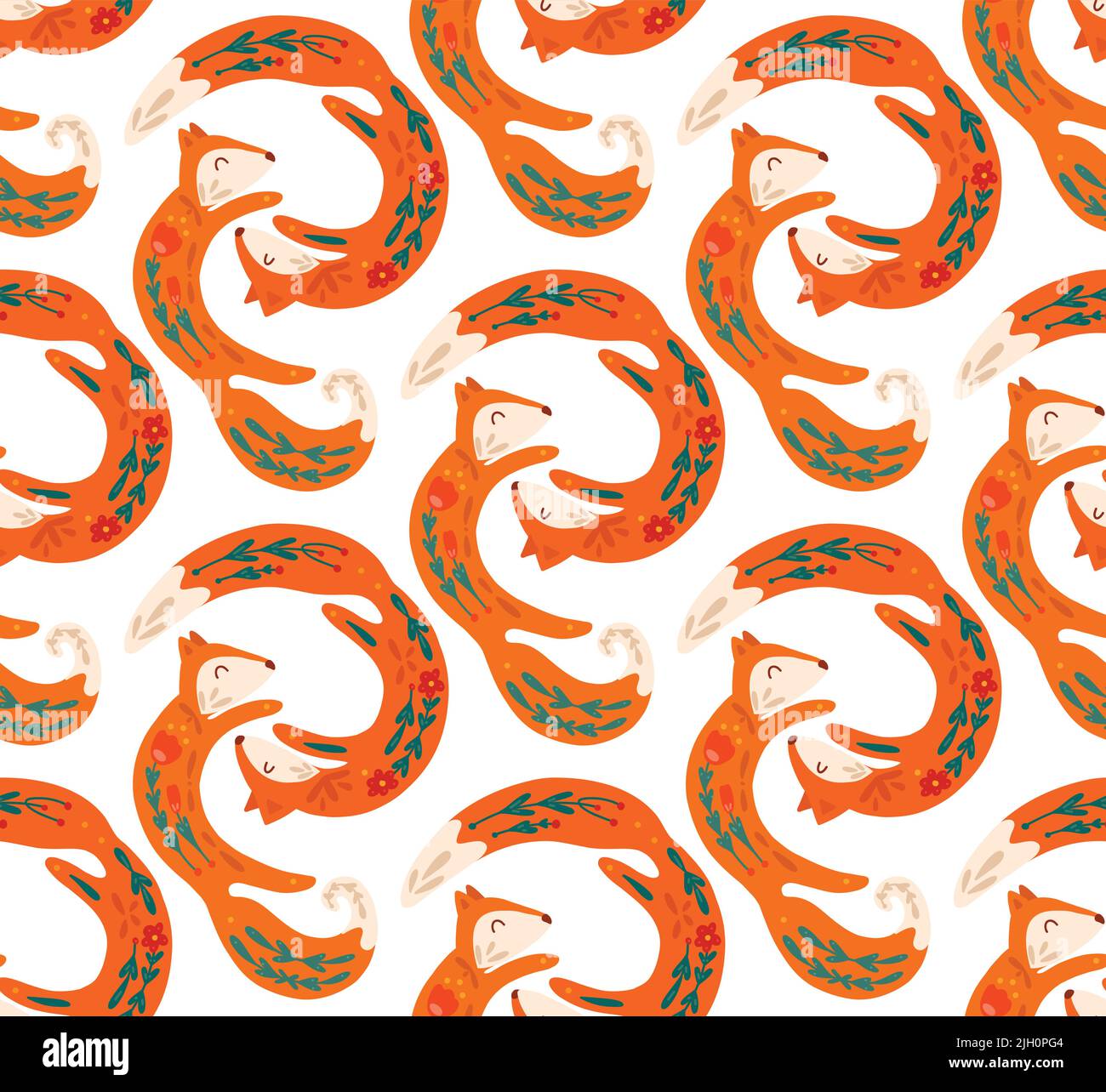 Vector seamless pattern of dancing folk art foxes on white background ...