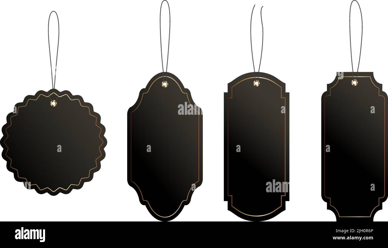 Set of black price or luggage tags of vintage shapes with rope. Stock Vector