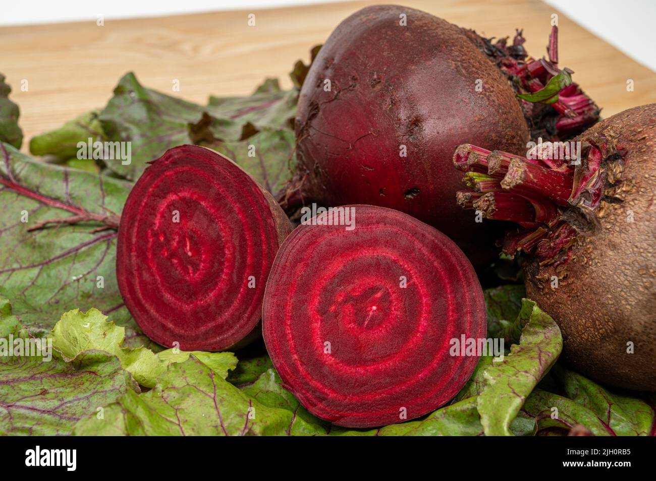 Fresh beets. Beets leaves and fresh beetroot. Stock Photo