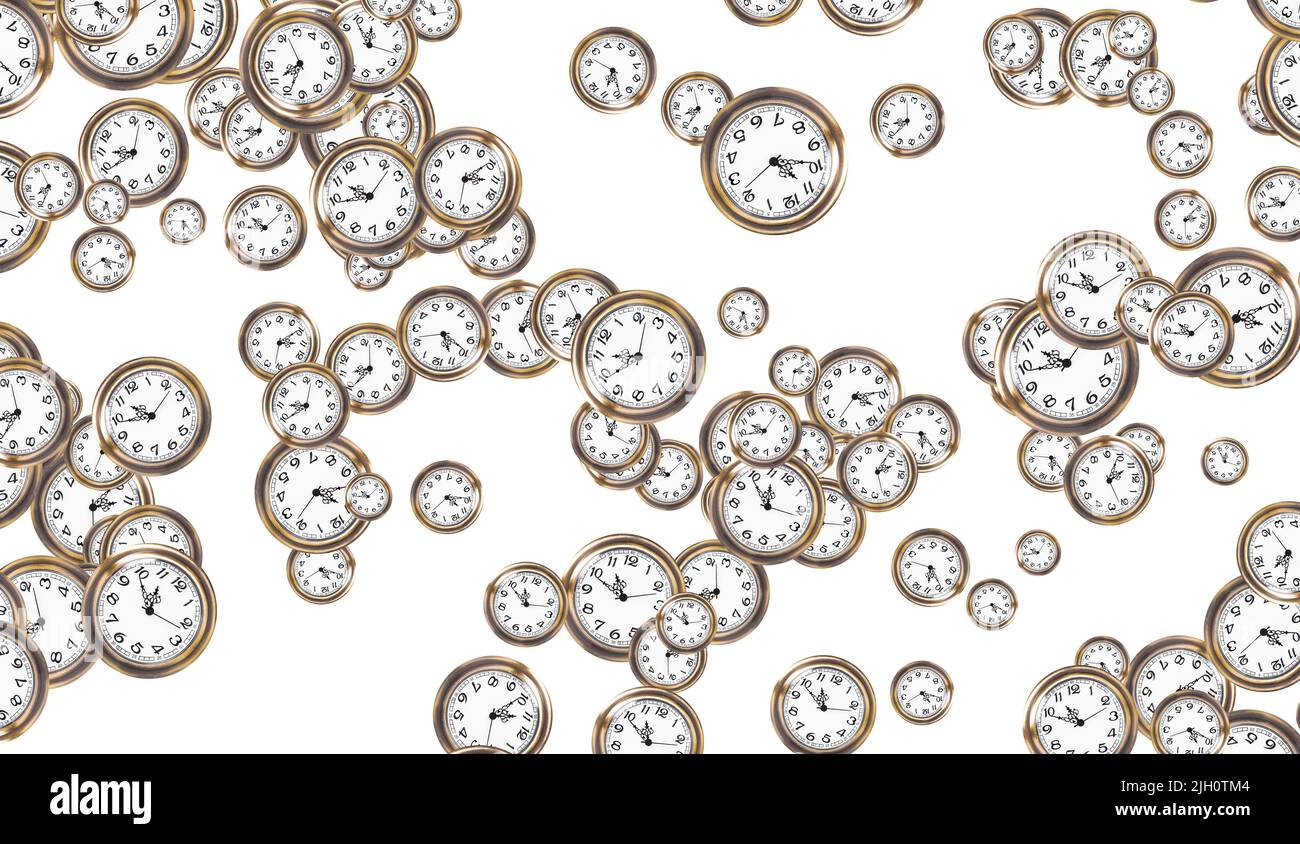 Antique pocket watches scattered on white. Abstract time related background. Stock Photo