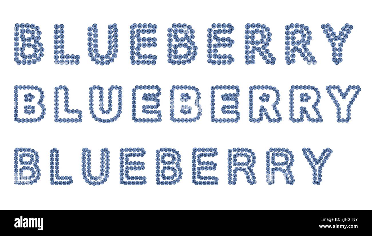 Fresh blue berries arranged into BLUEBERRY word outlines on white
