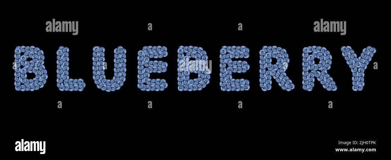 Word BLUEBERRY made from fresh blueberries isolated on black. Stock Photo