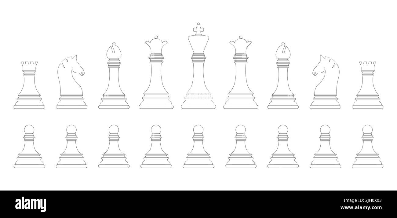 Outline chess pieces set isolated on white background. Chess icons. King, queen, rook, knight, bishop, pawn. Vector illustration for design Stock Vector