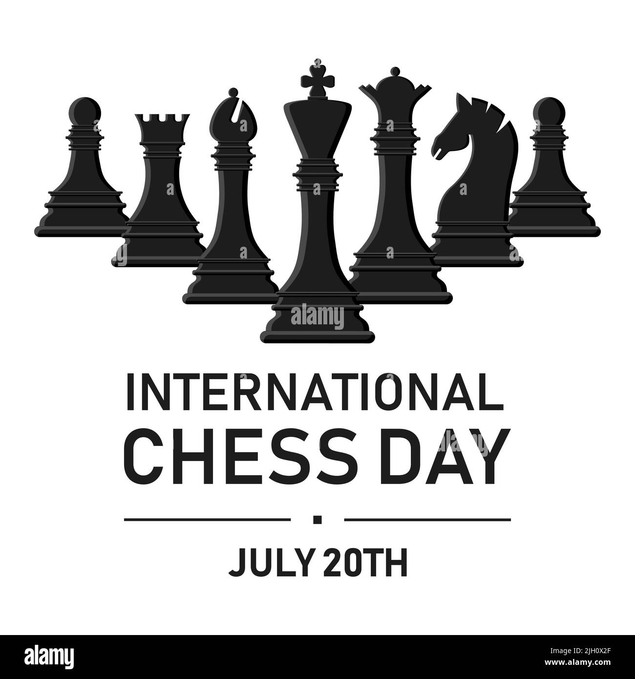 International chess day. Black silhouette chess pieces set isolated on white background. King, queen, rook, knight, bishop, pawn. Vector illustration Stock Vector