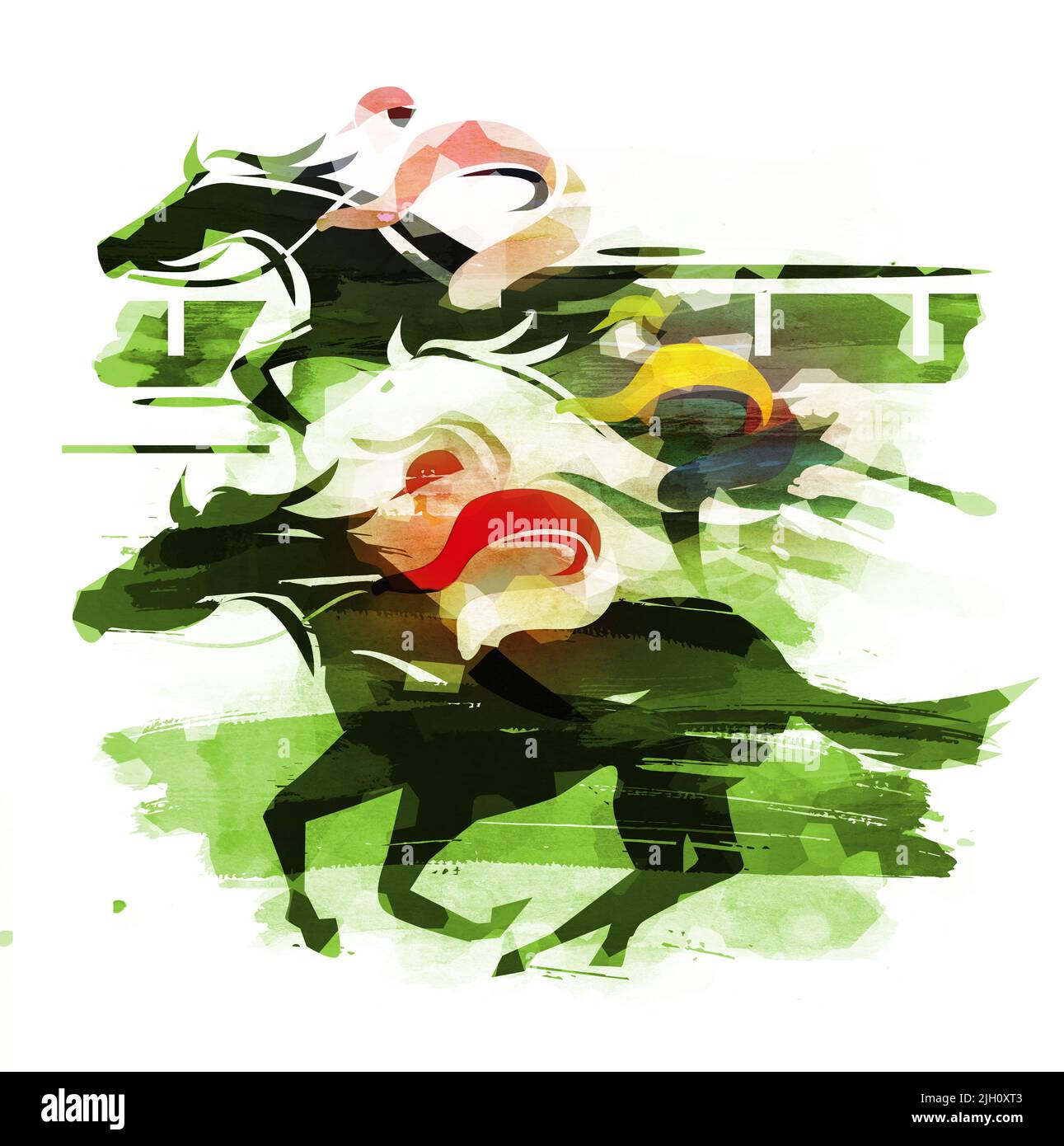 Race Horses, jockeys running action.  Eexpressive Illustration of  three Jockeys on horse at Full Speed. Imitation of watercolor painting. Stock Photo