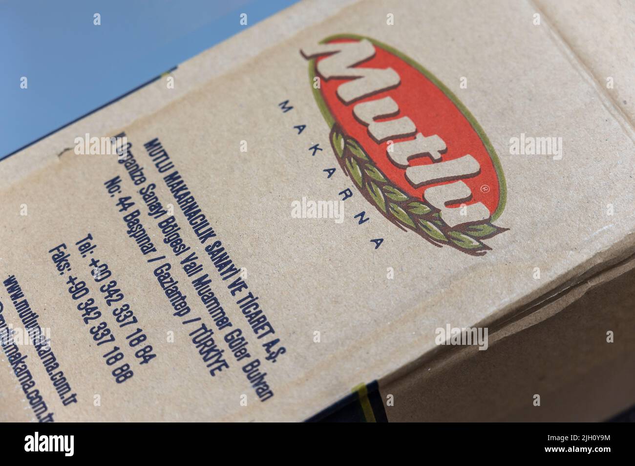 Large cardboard box of spaghetti. Products of the largest Turkish brand