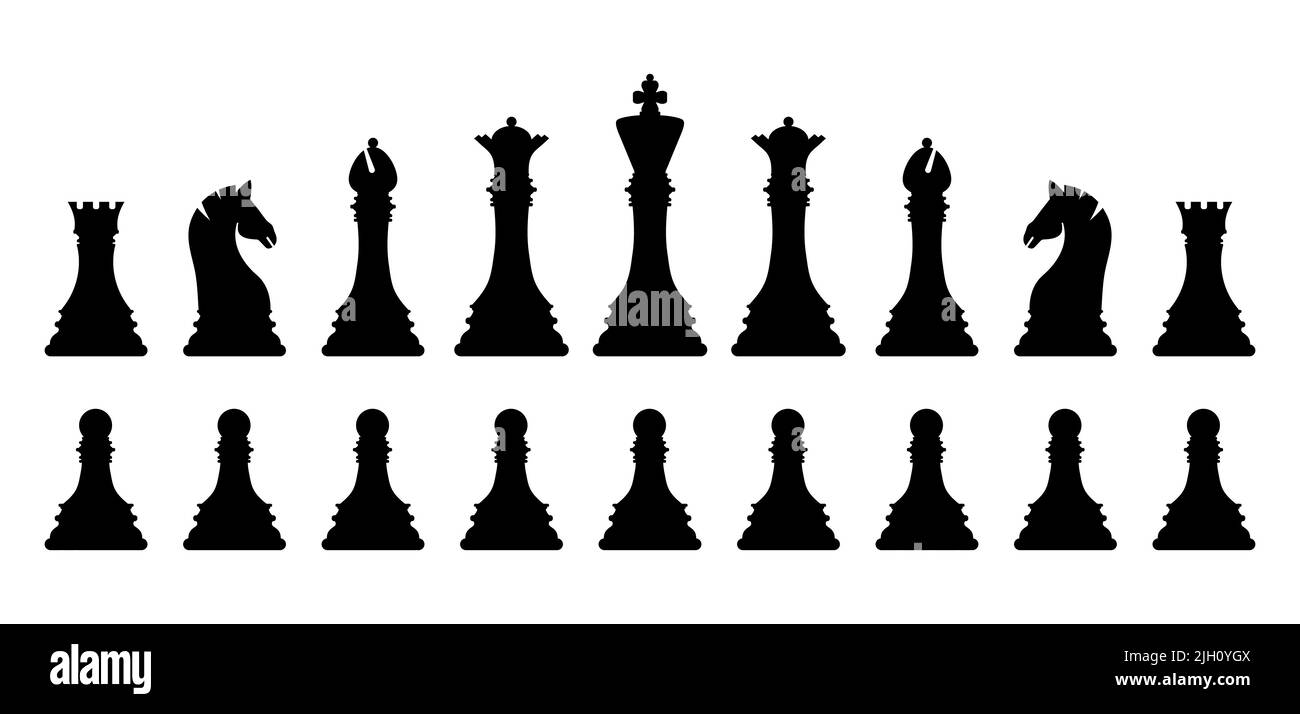 Black silhouette chess pieces set isolated on white background. Chess icons. King, queen, rook, knight, bishop, pawn. Vector illustration for design Stock Vector