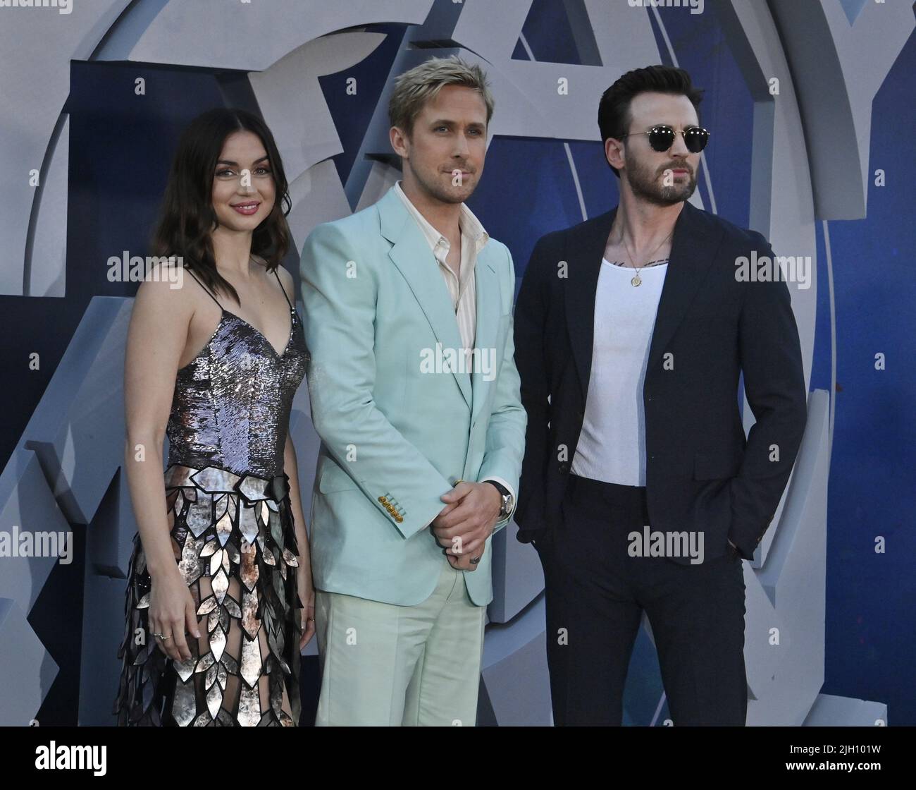 Los Angeles, United States. 14th July, 2022. Cast members Ana de Armas, Ryan Gosling and Chris Evans (L-R) attend Netflix's premiere of the motion picture drama "The Gray Man" at the TCL Chinese Theatre in the Hollywood section of Los Angeles on Wednesday, July 13, 2022. Storyline: When the CIA's top asset, his identity known to no one uncovers agency secrets, he triggers a global hunt by assassins set loose by his ex-colleague. Photo by Jim Ruymen/UPI Credit: UPI/Alamy Live News Stock Photo