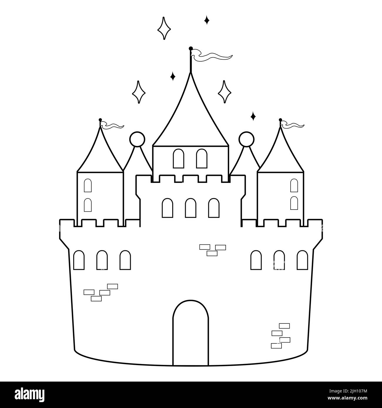 Beautiful fairy tale castle. Black and white coloring page Stock Photo