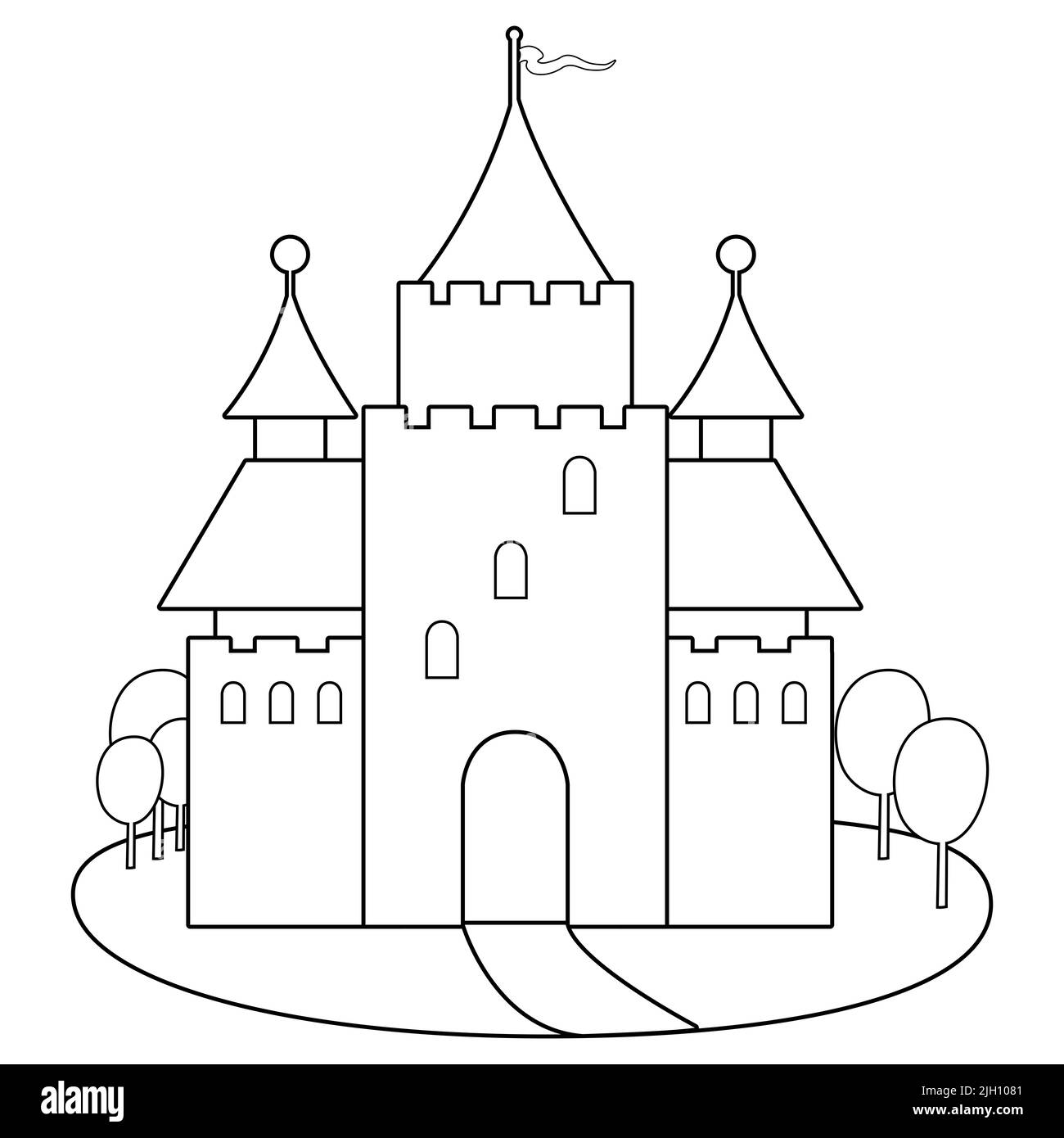 Beautiful fairy tale castle. Black and white coloring page Stock Photo