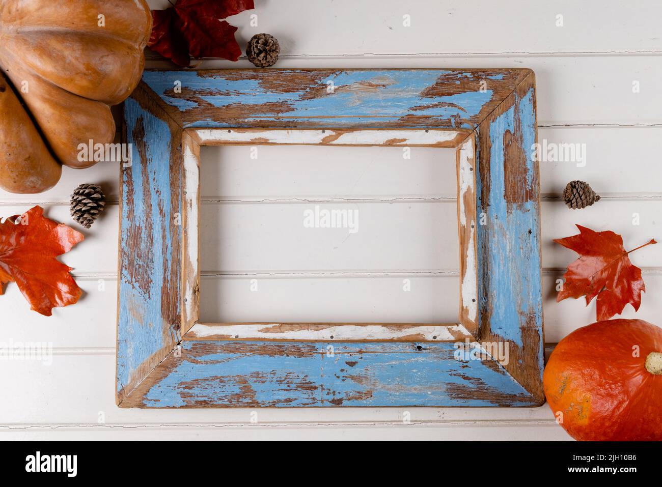 Composition of pumpkins with autumn leaves and frame with copy space on ...