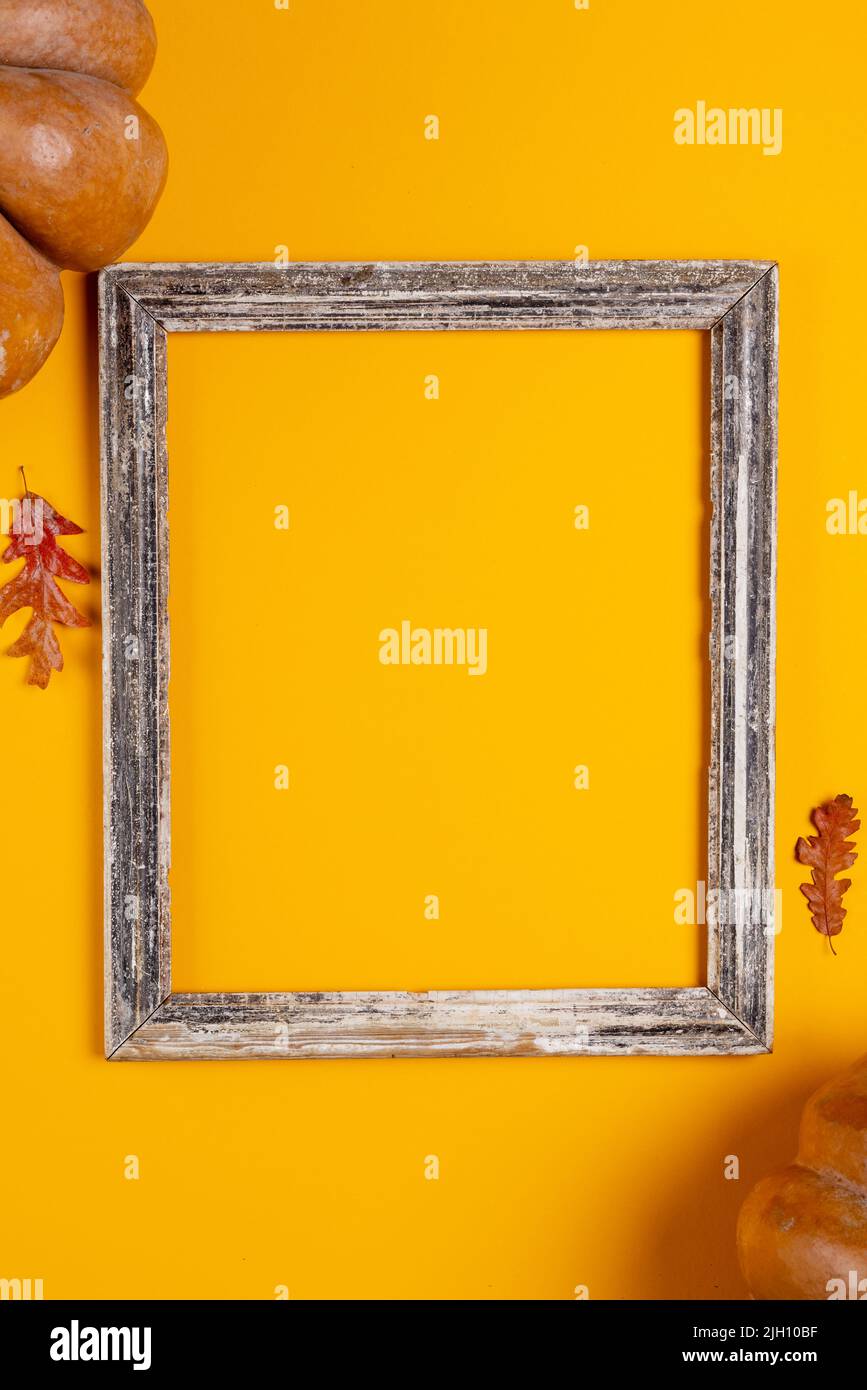 Composition of pumpkins with autumn leaves and frame with copy space on ...