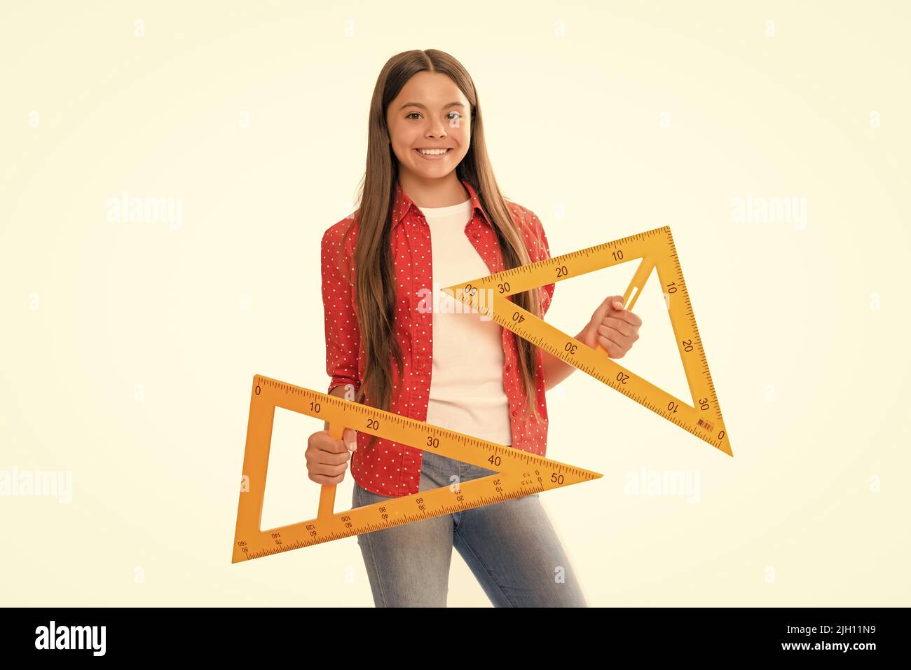 happy child hold triangle ruler study algebra at school isolated on ...