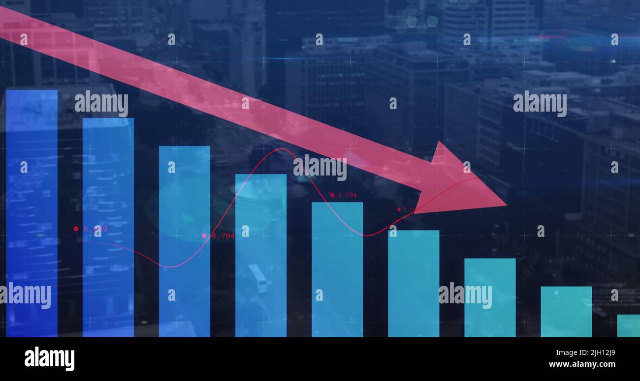 Image of red arrow with statistics processing over cityscape Stock Photo