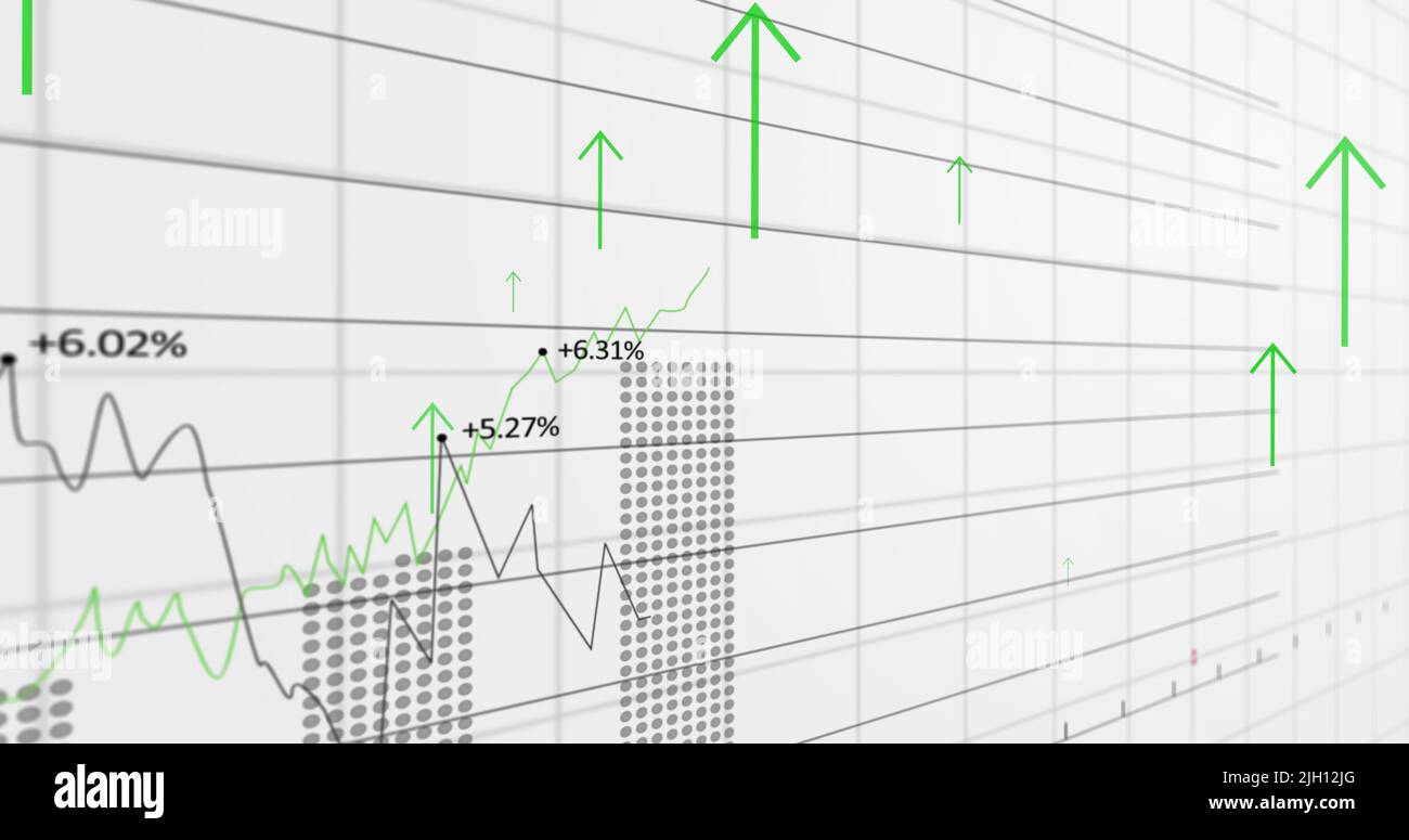 Image of arrows over financial data processing Stock Photo