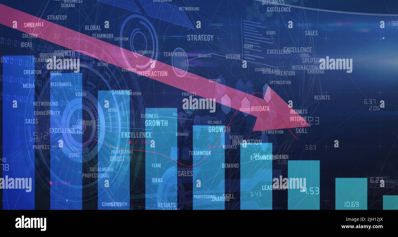 Image of red arrow with statistics processing over scopes scanning Stock Photo