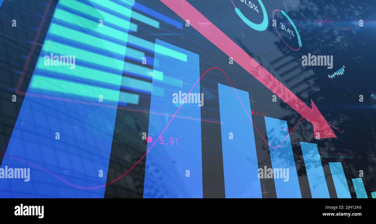 Image of red arrow with statistics processing over cityscape Stock Photo