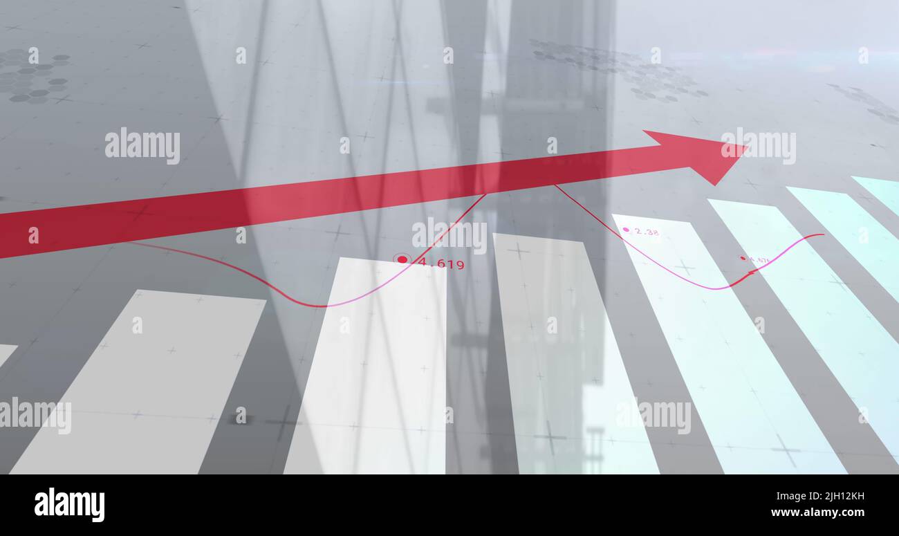Image of red arrow with statistics processing over cityscape Stock Photo