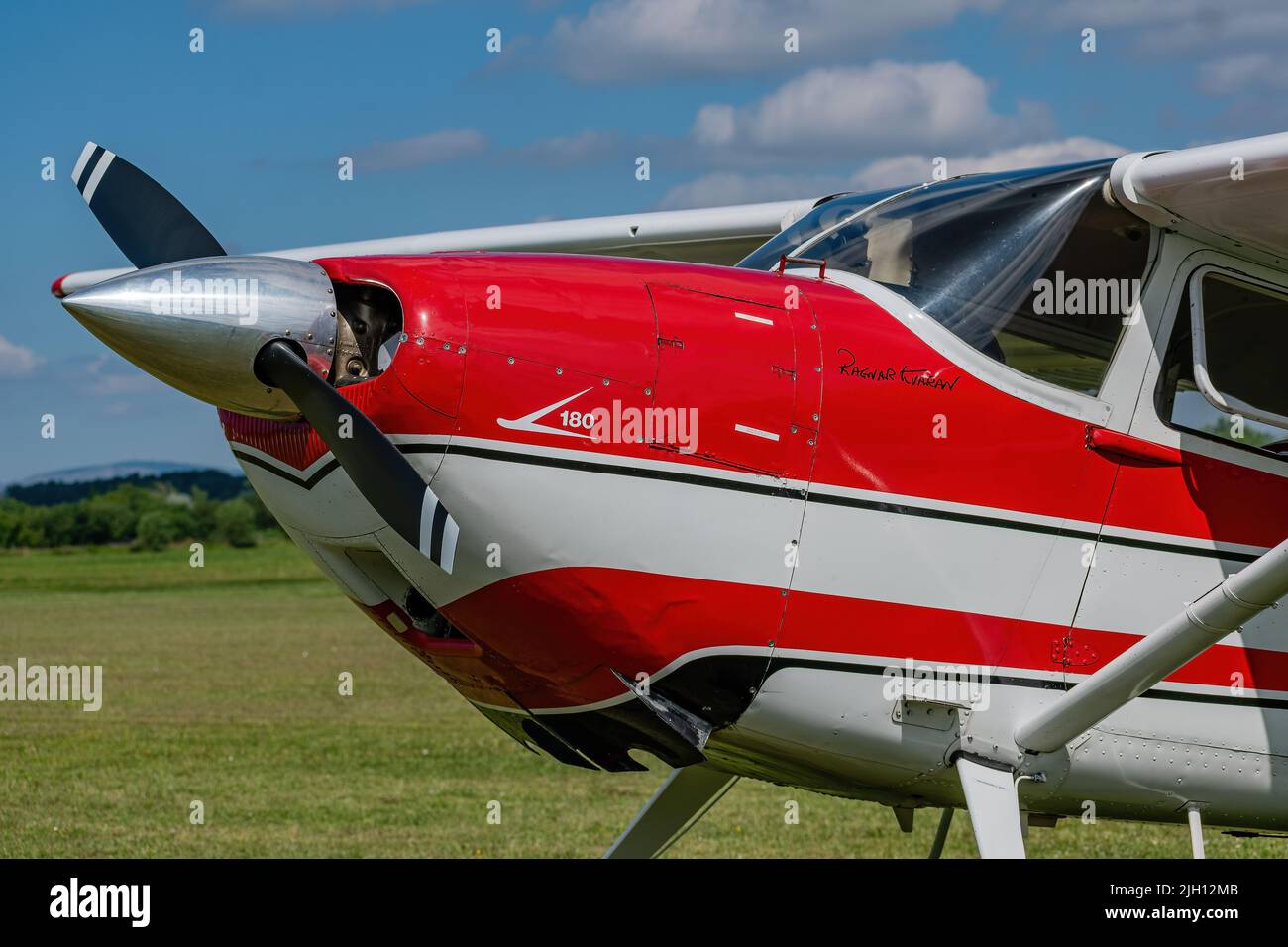 Breclav, Czech Republic - July 02, 2022 Aviation Day. Cessna 180 Skywagon detail of the front of the aircraft Stock Photo