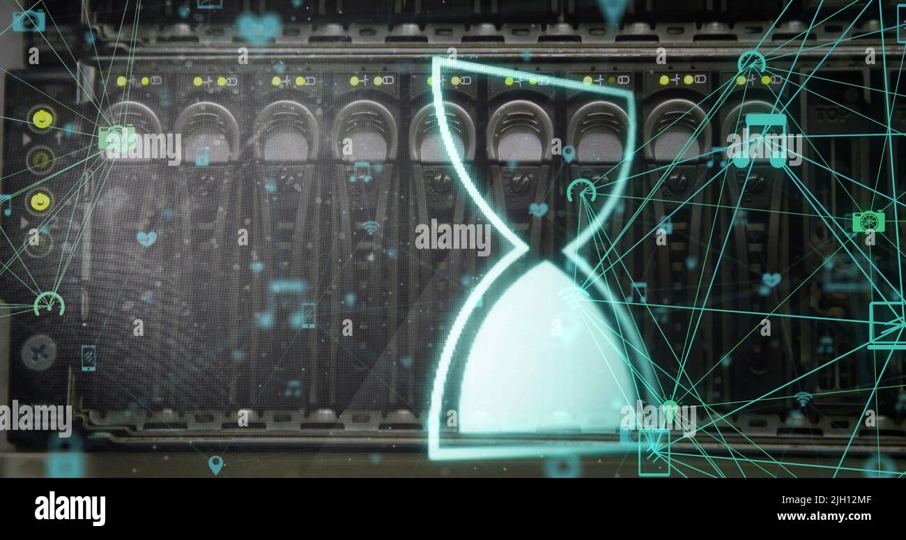 Image of egg timer over network of connections and server room Stock Photo