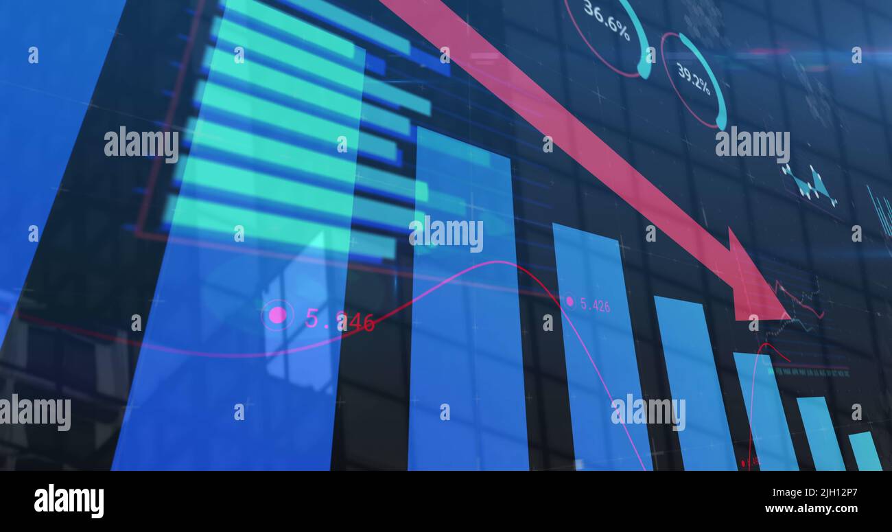 Image of red arrow with statistics processing over cityscape Stock Photo