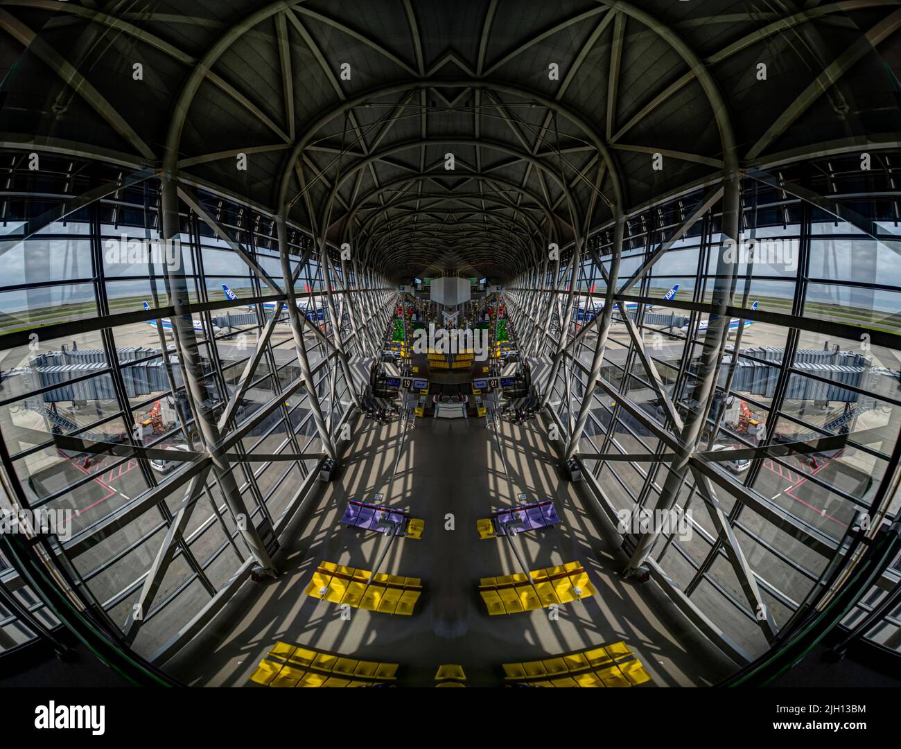 Fantasy mirrored image of Osaka airport terminal, Japan. Stock Photo