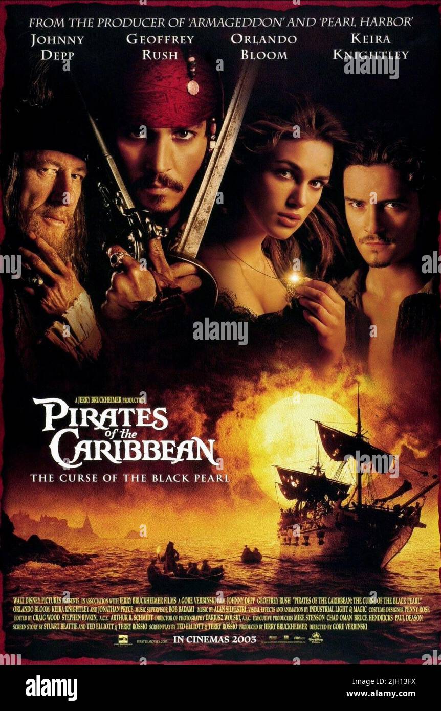RUSH,DEPP,KNIGHTLEY,BLOOM, PIRATES OF THE CARIBBEAN: THE CURSE OF THE BLACK PEARL, 2003 Stock Photo