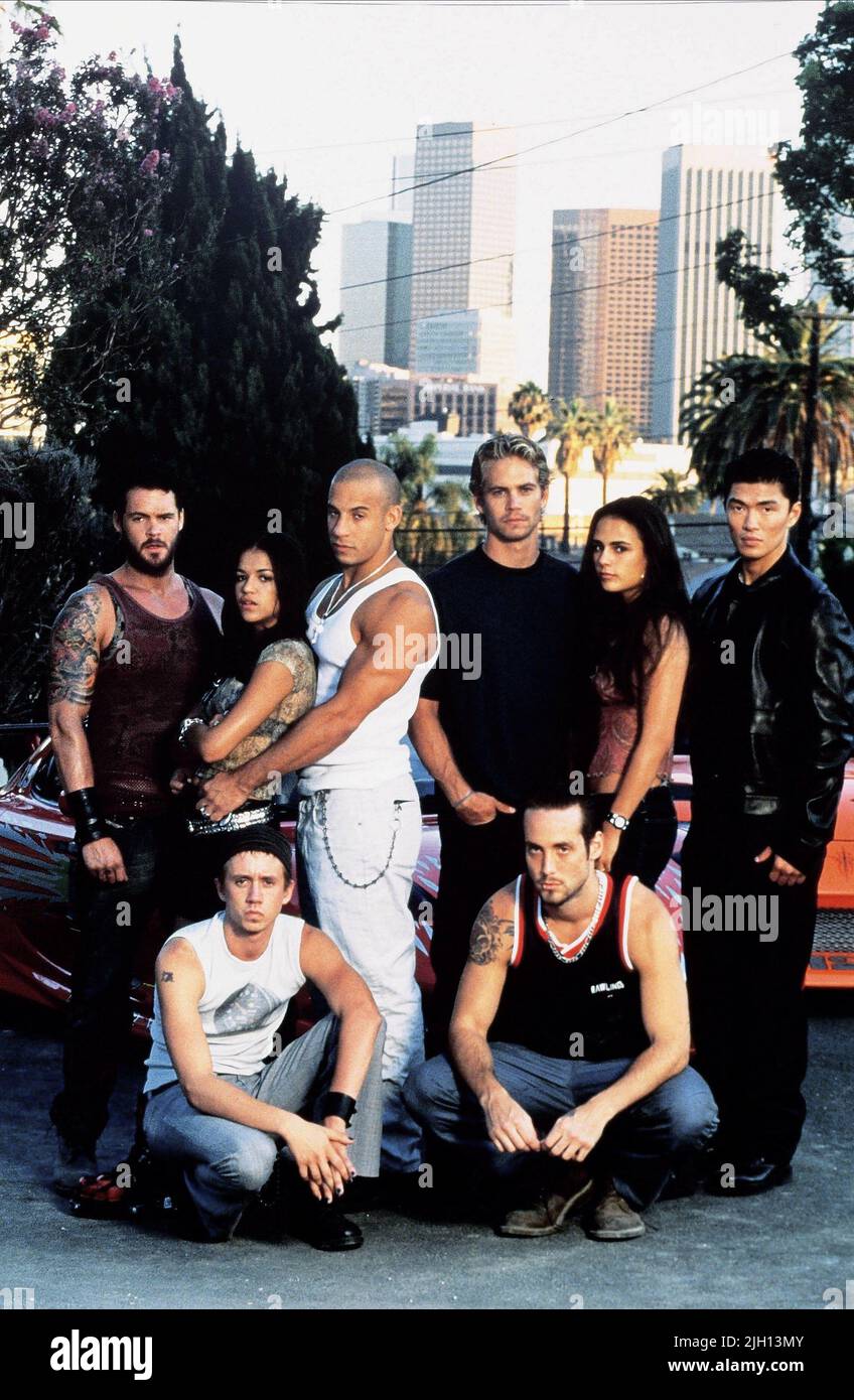 SHULZE,RODRIGUEZ,DIESEL,WALKER,BREWSTER,YUNE,LINDBERG,STRONG, THE FAST AND THE FURIOUS, 2001 Stock Photo