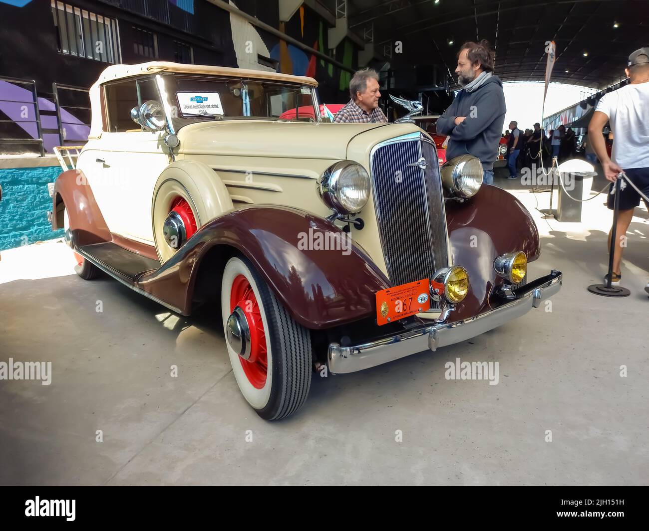 Avellaneda, Argentina - May 8, 2022: vintage beige brown 1934 Chevrolet Chevy Master cabriolet by GM. Expo Fierro 2022 classic car show Stock Photo