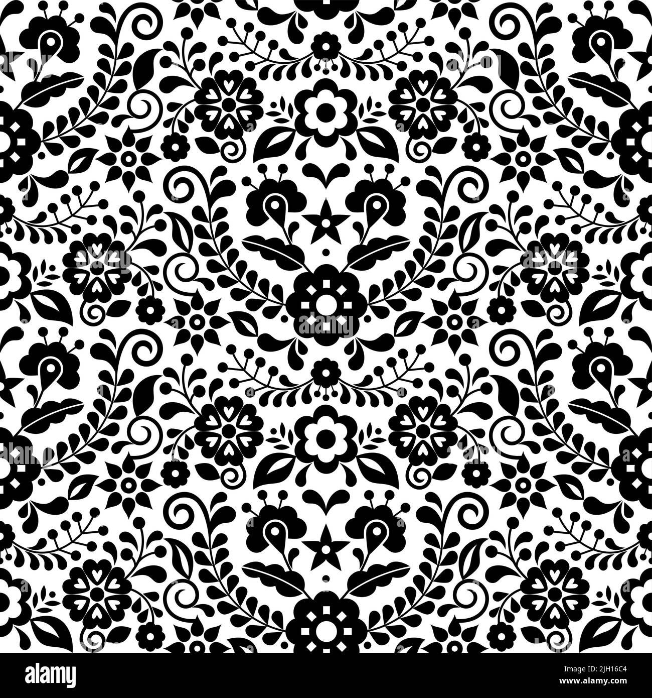 Mexican folk art vector seamless pattern with black and white flowers ...