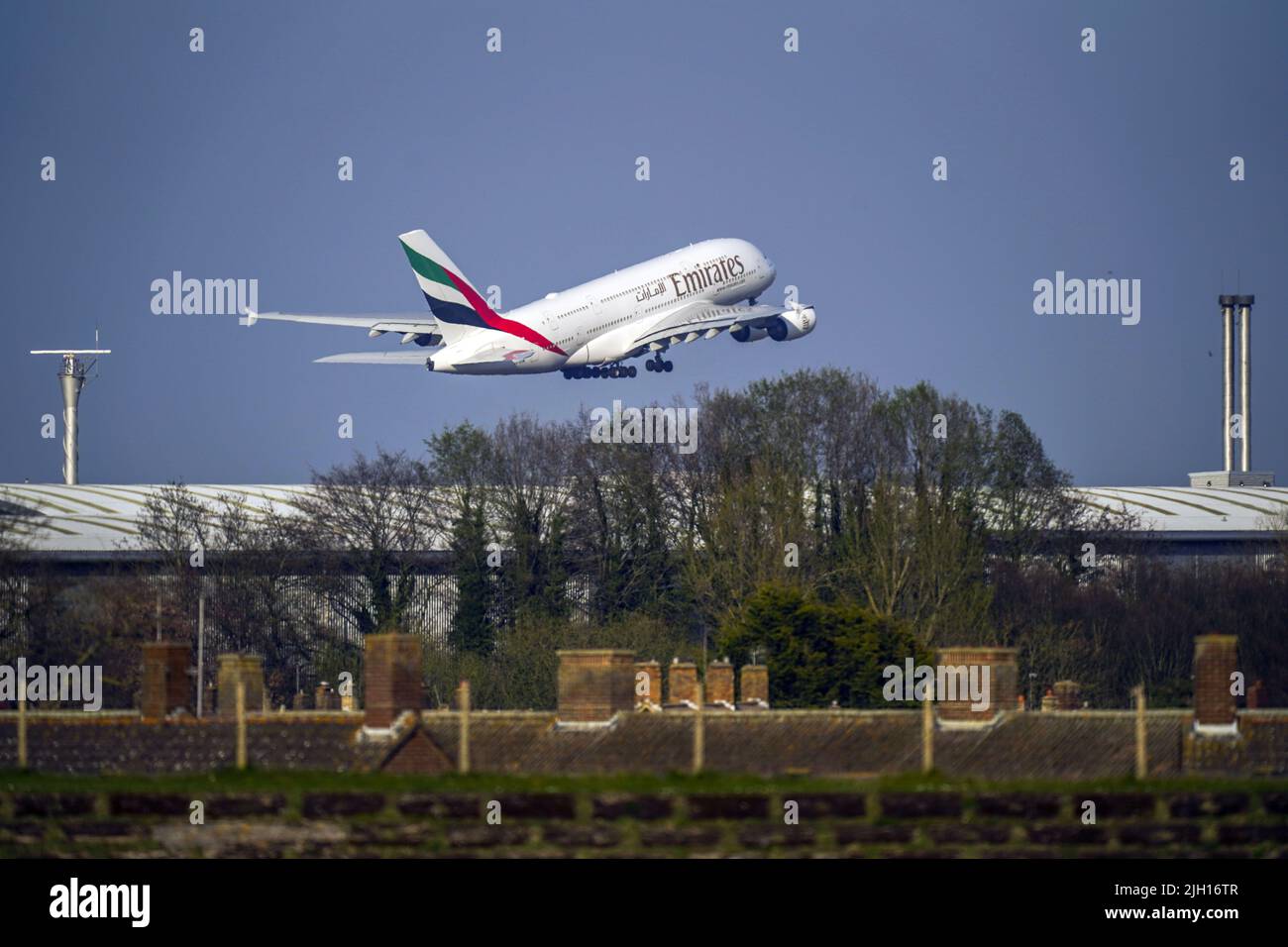 File photo dated 26/03/22 of a Emirates Airbus A380 plane taking off from Heathrow airport in West London. Emirates has rejected an order from Heathrow to cancel flights to comply with a cap on passenger numbers. The airline accused the west London airport of showing 'blatant disregard for consumers' by attempting to force it to 'deny seats to tens of thousands of travellers'. Issue date: Thursday July 14, 2022. Stock Photo