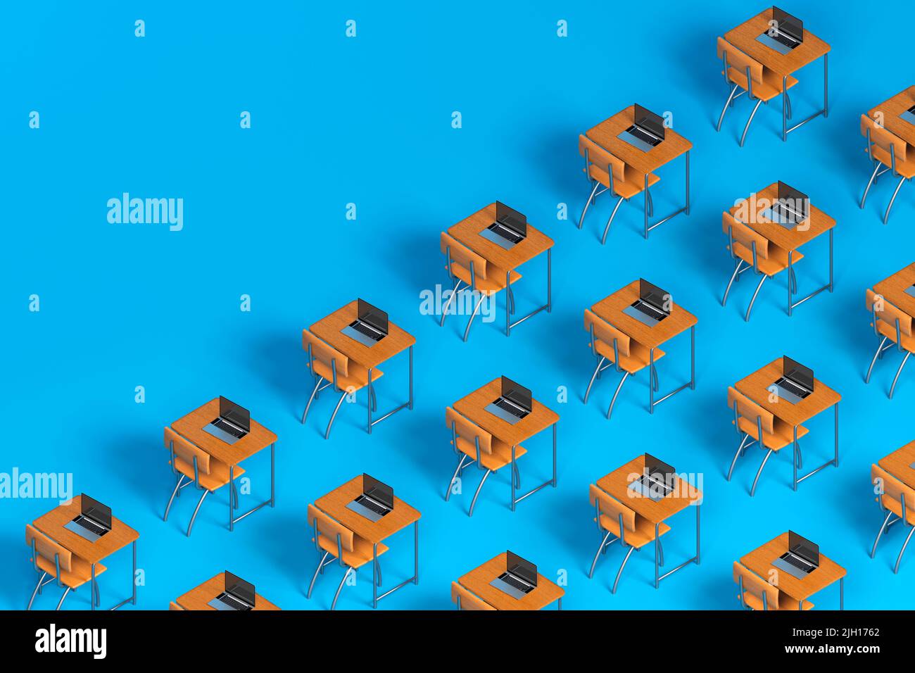large pattern of School desks, books and laptops. 3d render Stock Photo