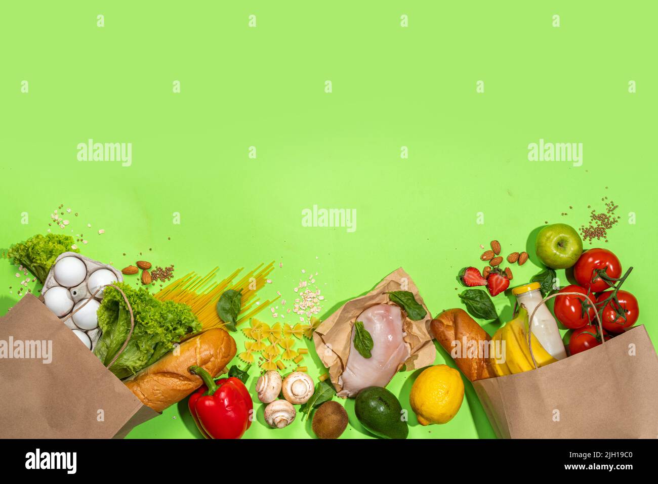 Fresh vegetables, meat, bread fruits in paper grocery bag. Delivery