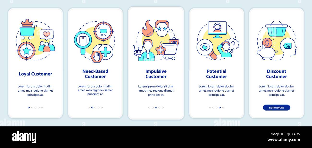 Types of customers onboarding mobile app screen Stock Vector