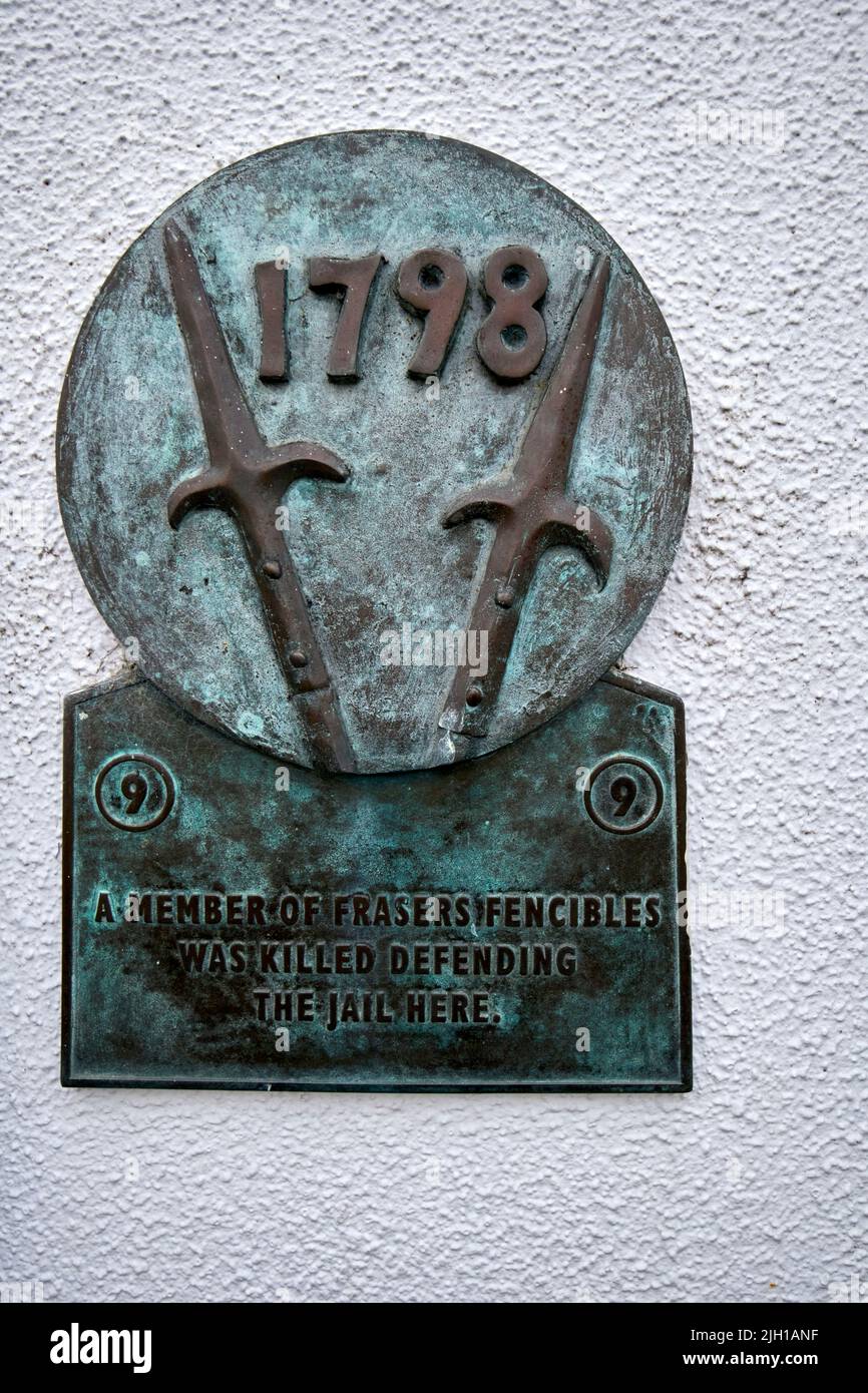 1798 rebellion marker in Castlebar county mayo republic of ireland A member of frasers fencibles was killed defending the jail on this spot Stock Photo