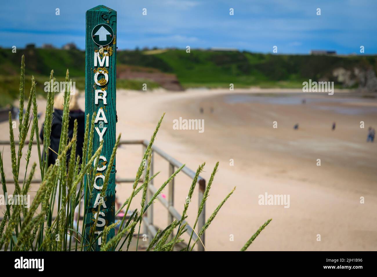 A view of Cullen Beach from the path to Portknockie on the Moray Coastal Path Scotland Stock Photo