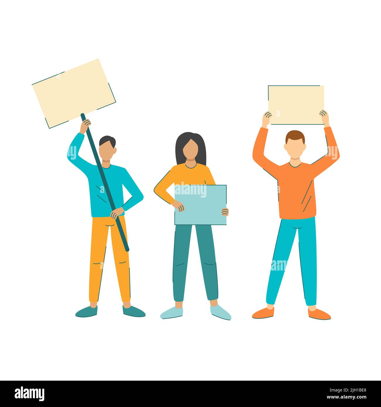 Group of people protest vector illustration. Men and women on strike or revolution concept. Society dissatisfaction. Rights activist movement Stock Vector